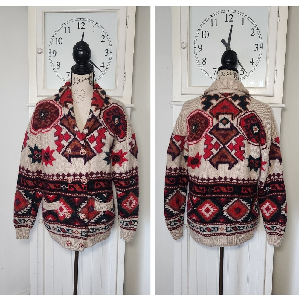 Vintage Red and Cream Geometric Shawl Collar Cardigan - Picture 3 of 10